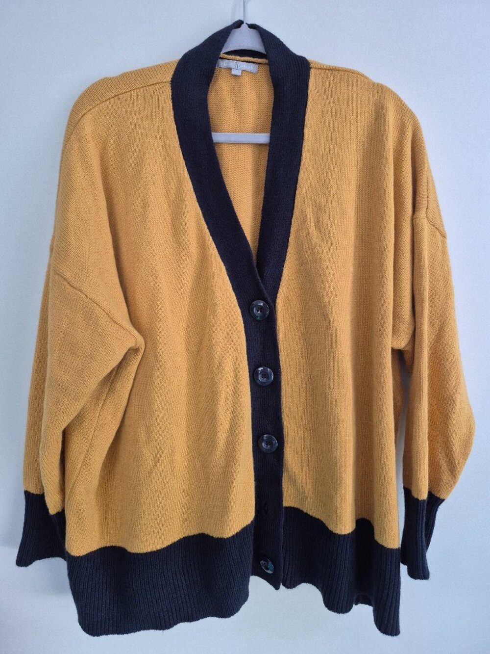 Heart N. Crush Mustard & Navy Cardigan – 3X – Cozy Knit – One Button Missing